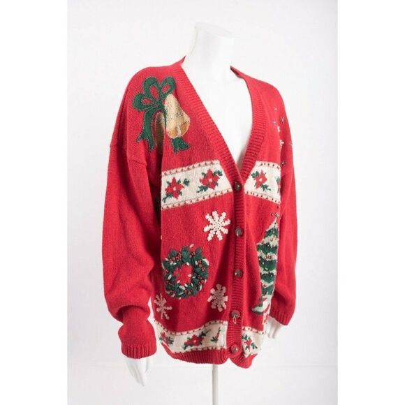 Clarly St. Claire Womens Ugly Christmas Sweater Cardigan M Red Button Beaded - Picture 5 of 6